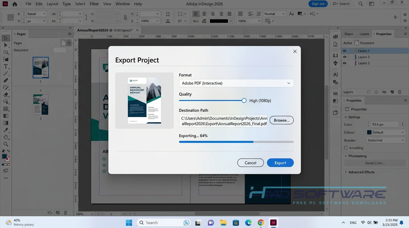 Export Project modal UI of Adobe InDesign 2026 Update 4 by HMD Software