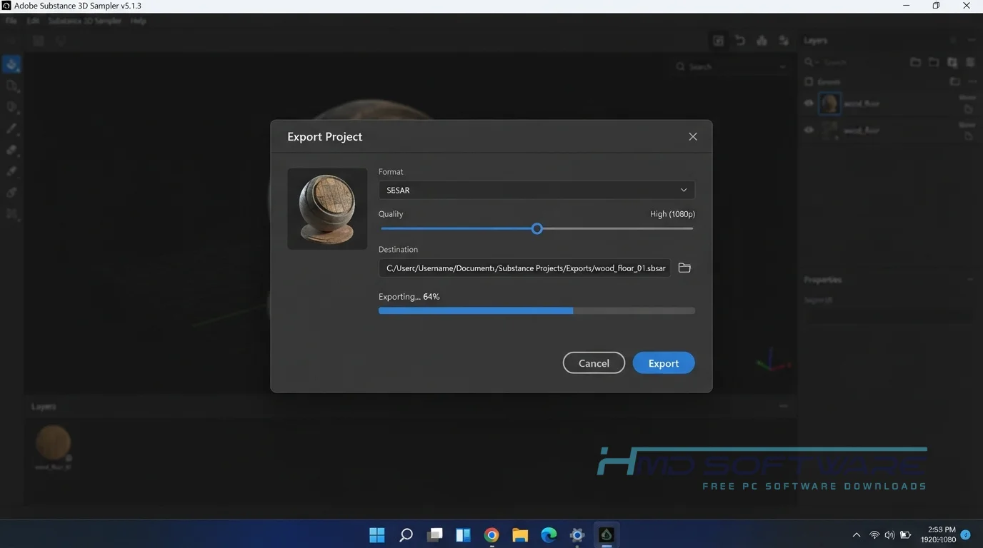 Export modal Adobe Substance 3D Sampler 2026 by HMD Software