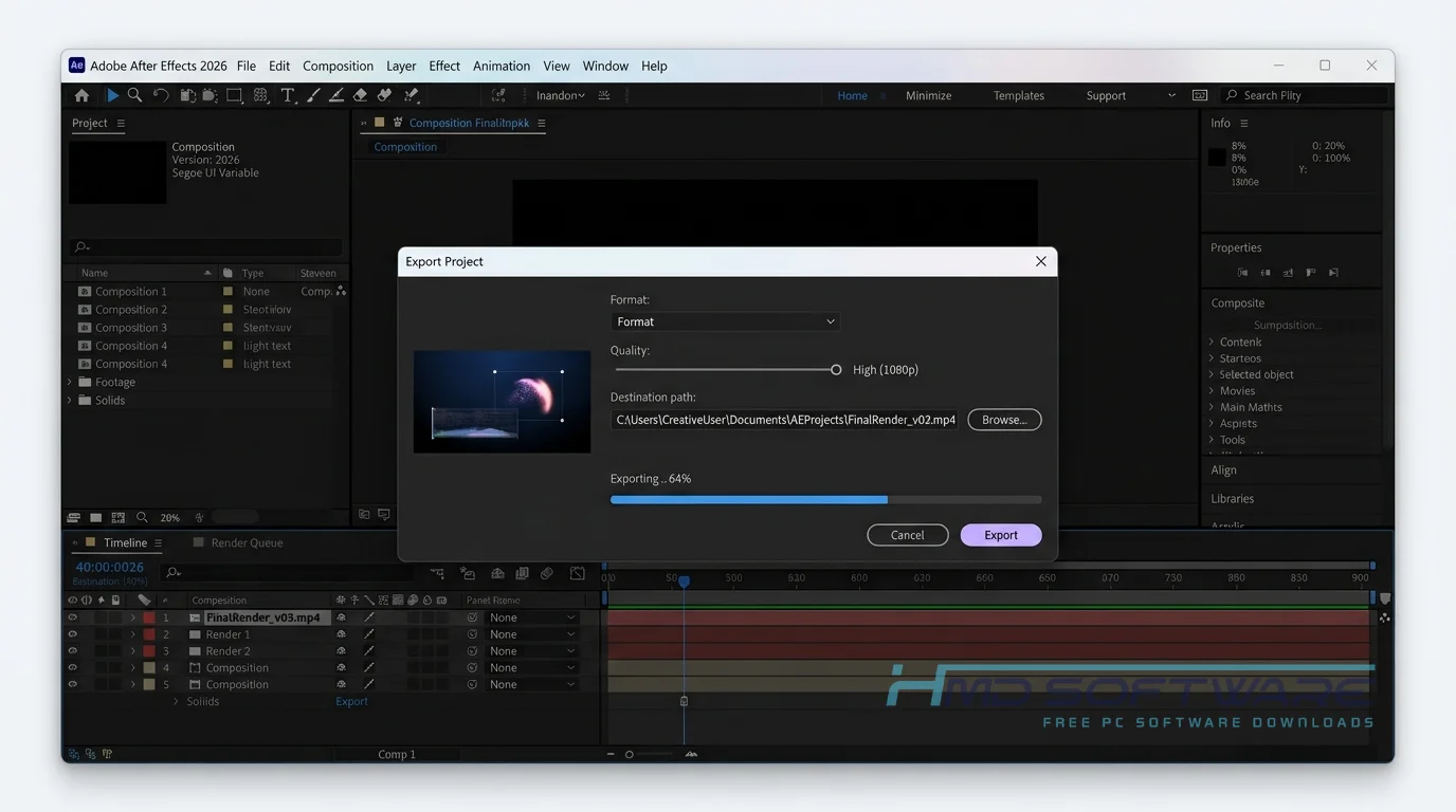 Export modal in Adobe After Effects 2026 by HMD Software