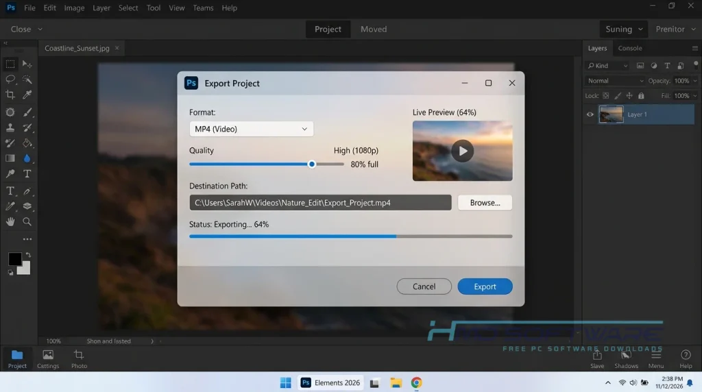 Export modal in Adobe Photoshop Elements 2026.2 by HMD Software
