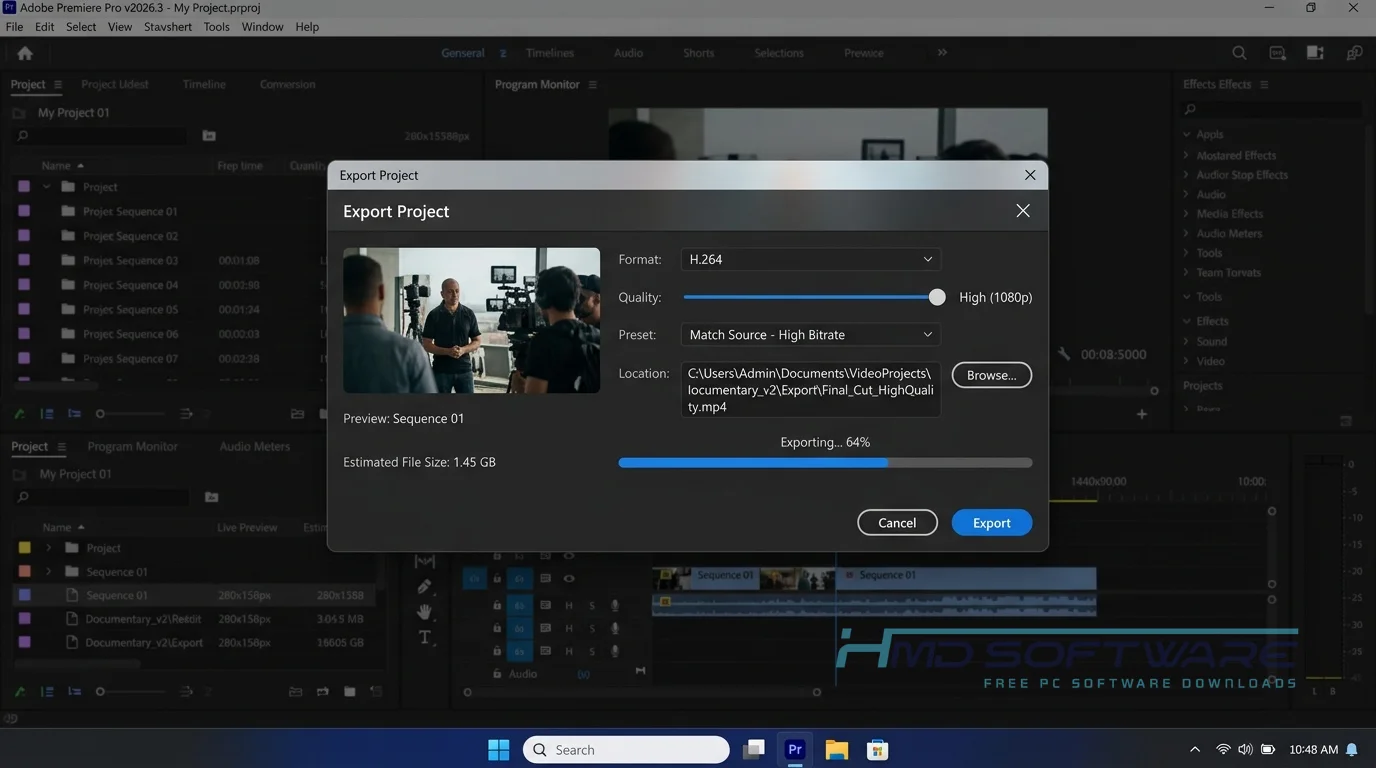 Export modal in Adobe Premiere Pro 2026 26.3 by HMD Software