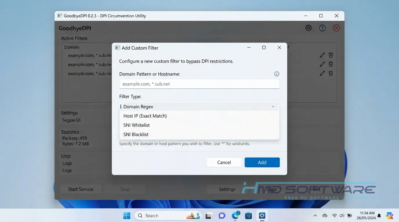 GoodbyeDPI 2026 Add Custom Filter modal dialog by HMD Software