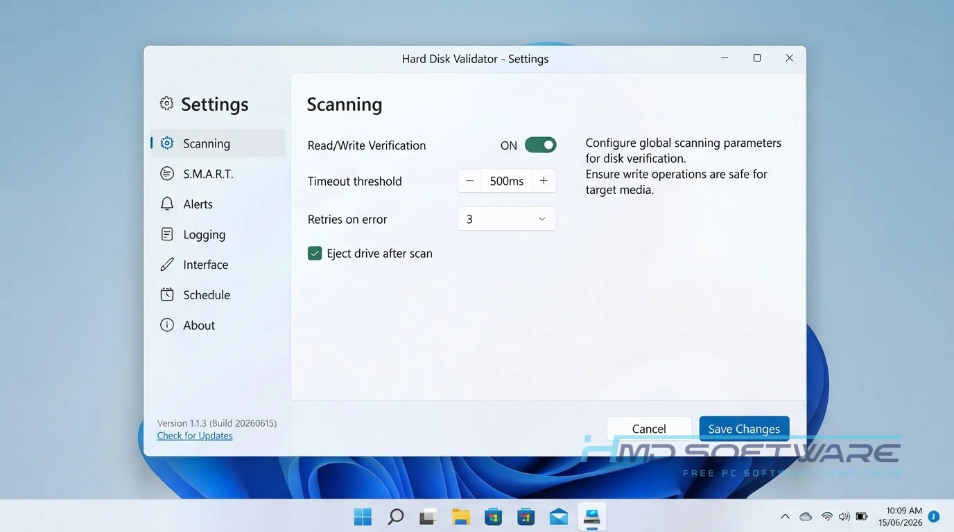 Hard Disk Validator 1.1.3 settings window by HMD Software