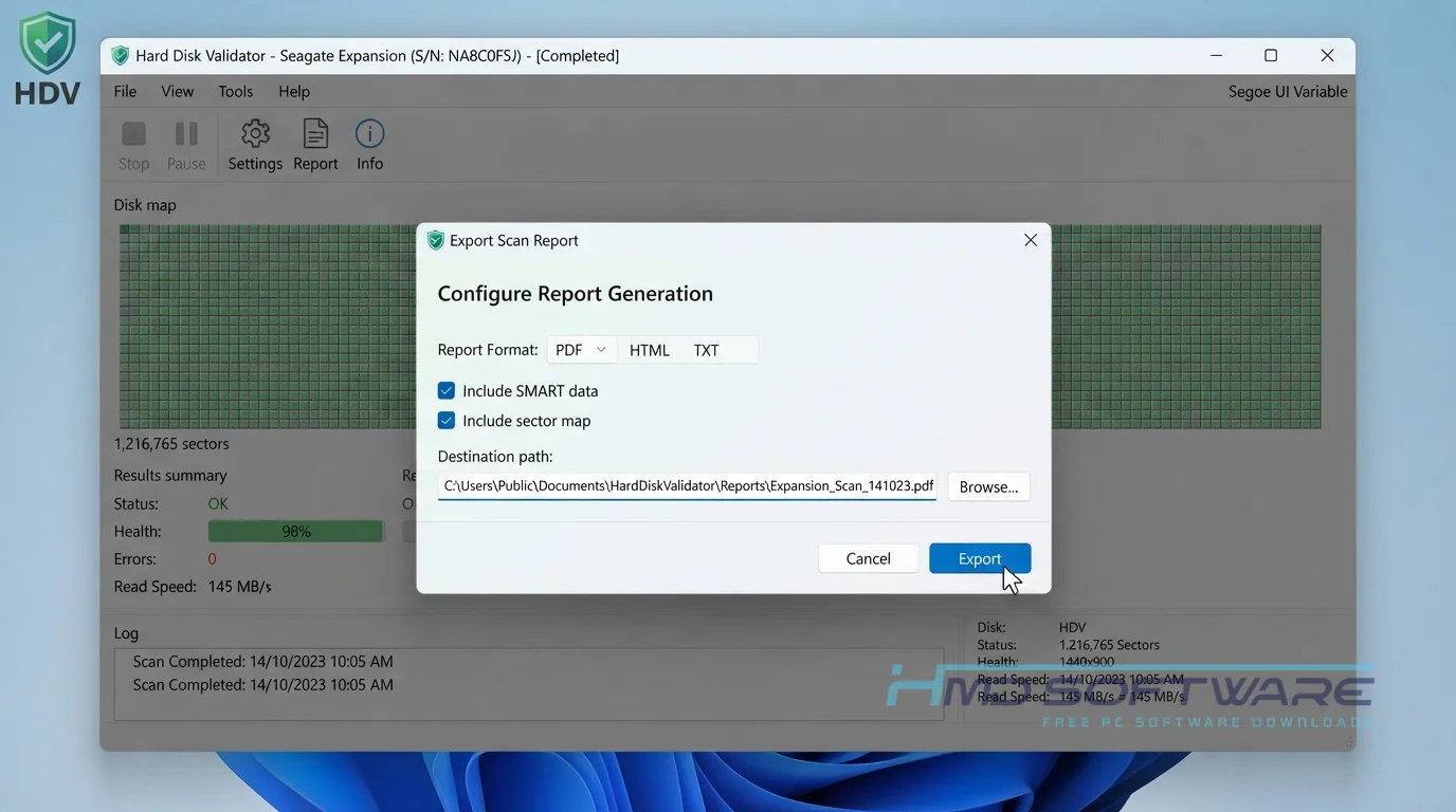 Hard Disk Validator 2026 modal dialog by HMD Software