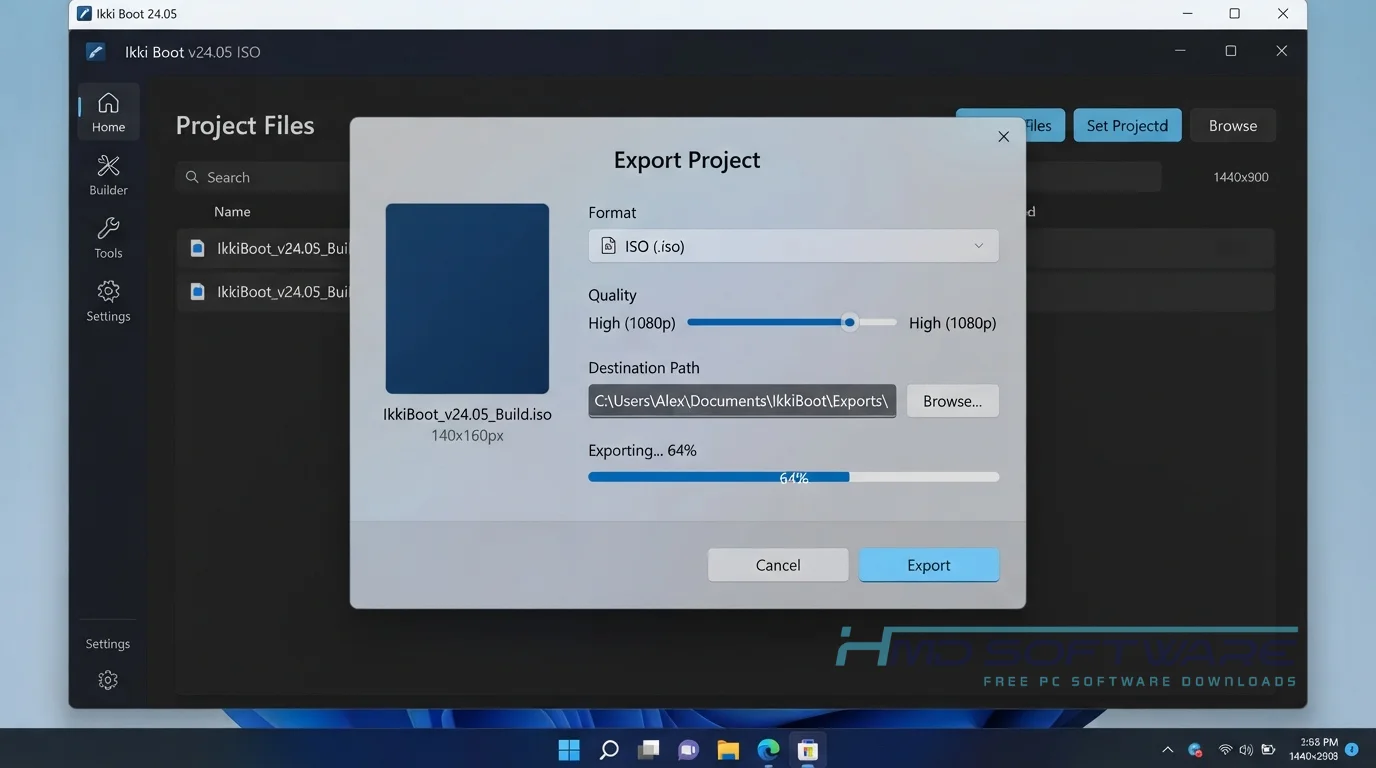 Ikki Boot 24.05 ISO Export Project modal screen by HMD Software