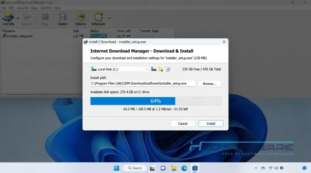 Internet Download Manager 6.42 Modal dialog showing download and install by HMD Software
