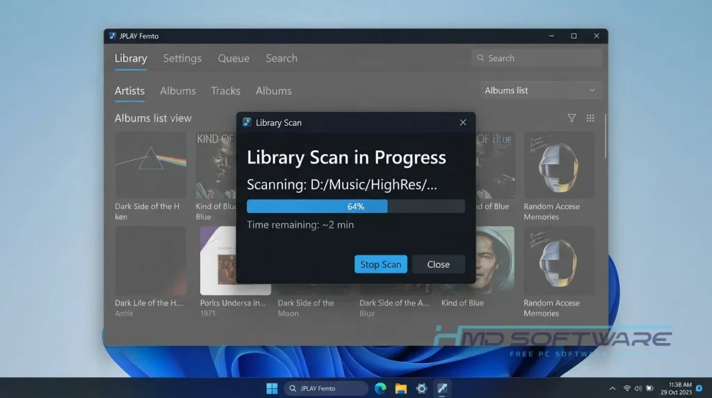 JPLAY Femto 7.0.0 Library Scan modal dialog open by HMD Software