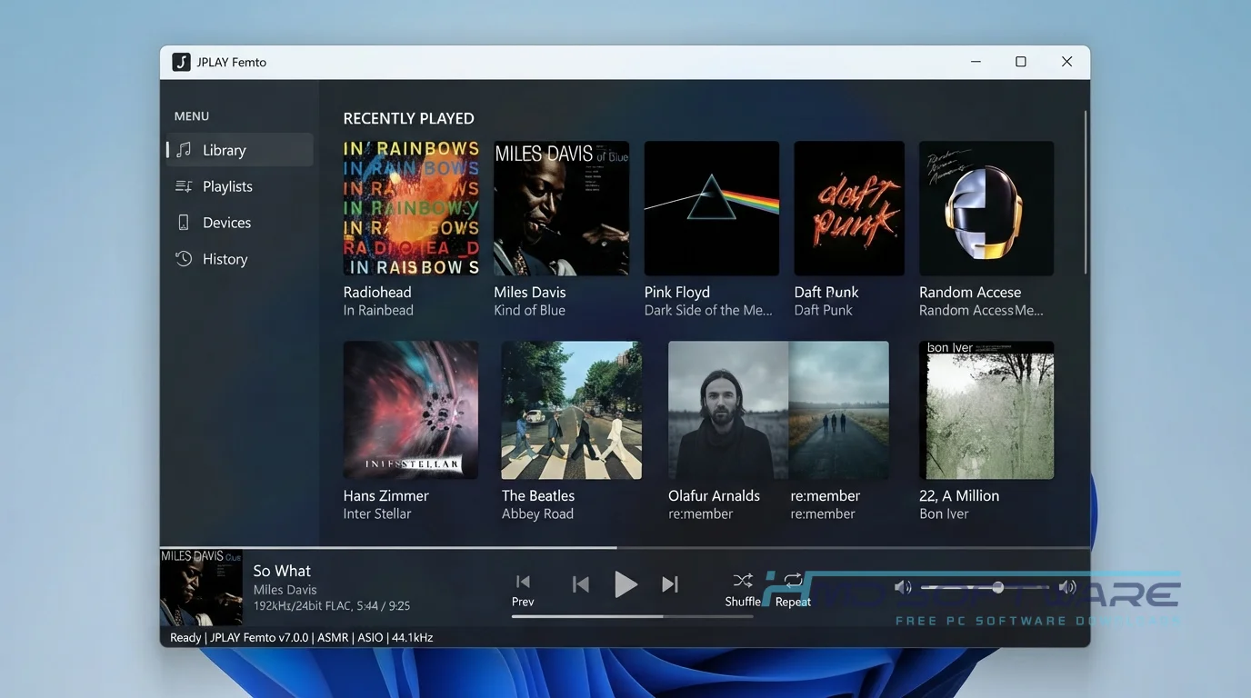 JPLAY Femto 7.0.0 audio player dashboard by HMD Software