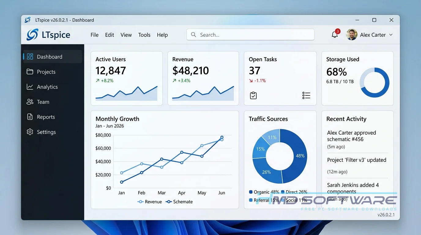 LTspice 2026 Dashboard Home screen by HMD Software