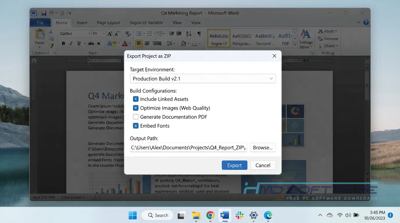 Microsoft Office 2010 Pro Plus 14.0.7268.5000 April 2021 Export Project as ZIP dialog by HMD Software