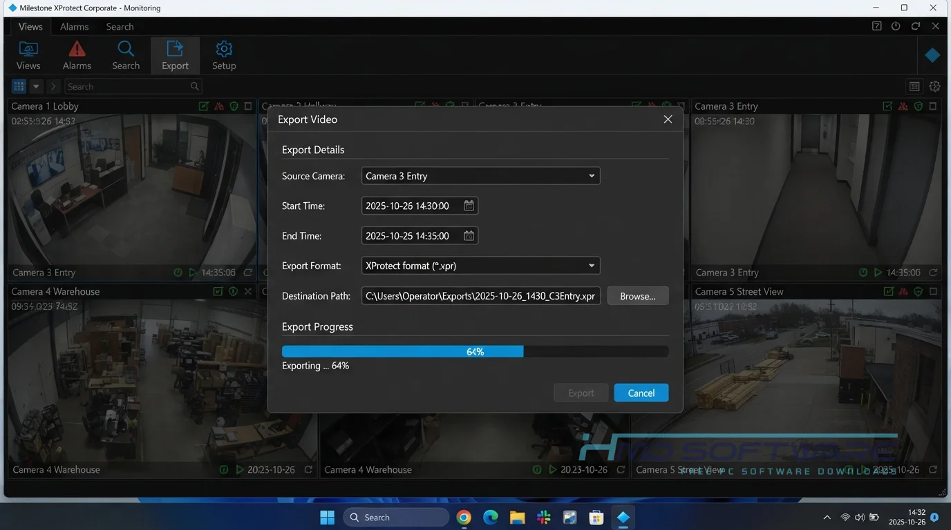 Milestone XProtect Corporate 2025 R3 Export Video modal dialog by HMD Software