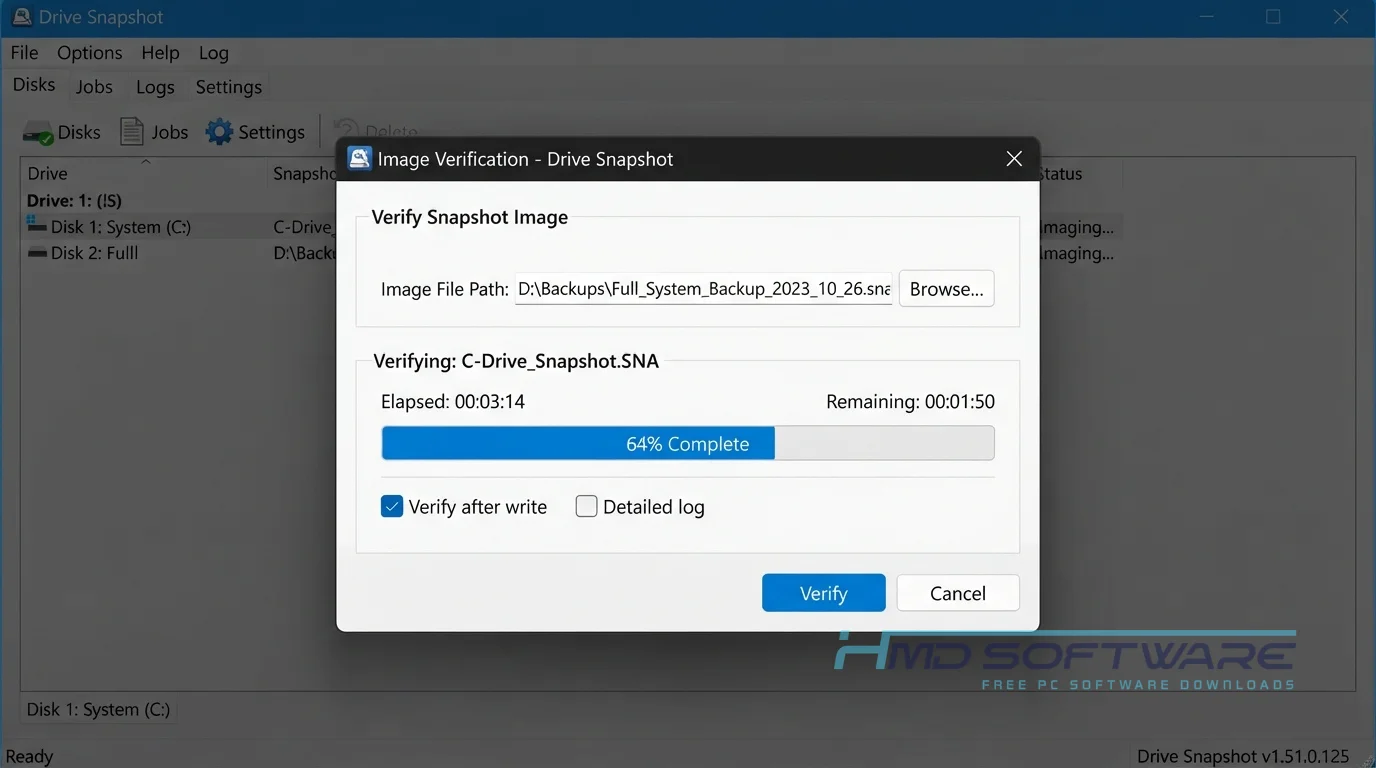 Modal dialog Image Verification Drive SnapShot 1.51.0.125 by HMD Software