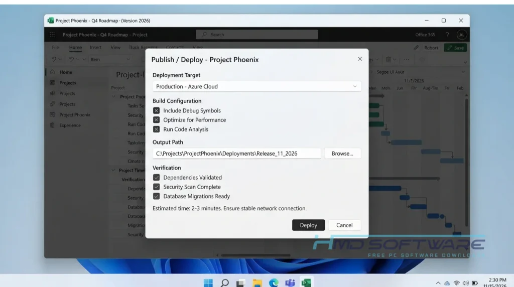 Office 365 Enterprise 2026 Publish Deploy modal dialog by HMD Software