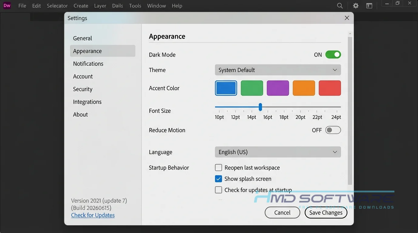 Settings window Adobe Dreamweaver 2021 (update 7) by HMD Software