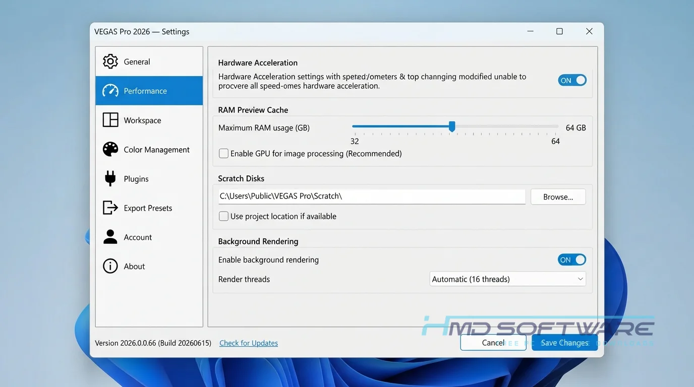 VEGAS Pro 2026 settings interface by HMD Software