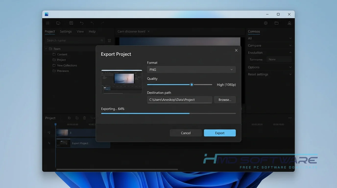 Windows 11 All-In-One Export Project modal screen by HMD Software