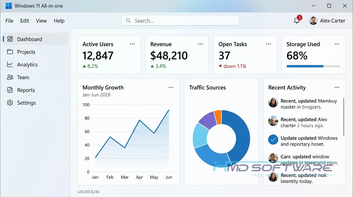 Windows 11 Build 26200.8246 ISO dashboard screen capture by HMD Software