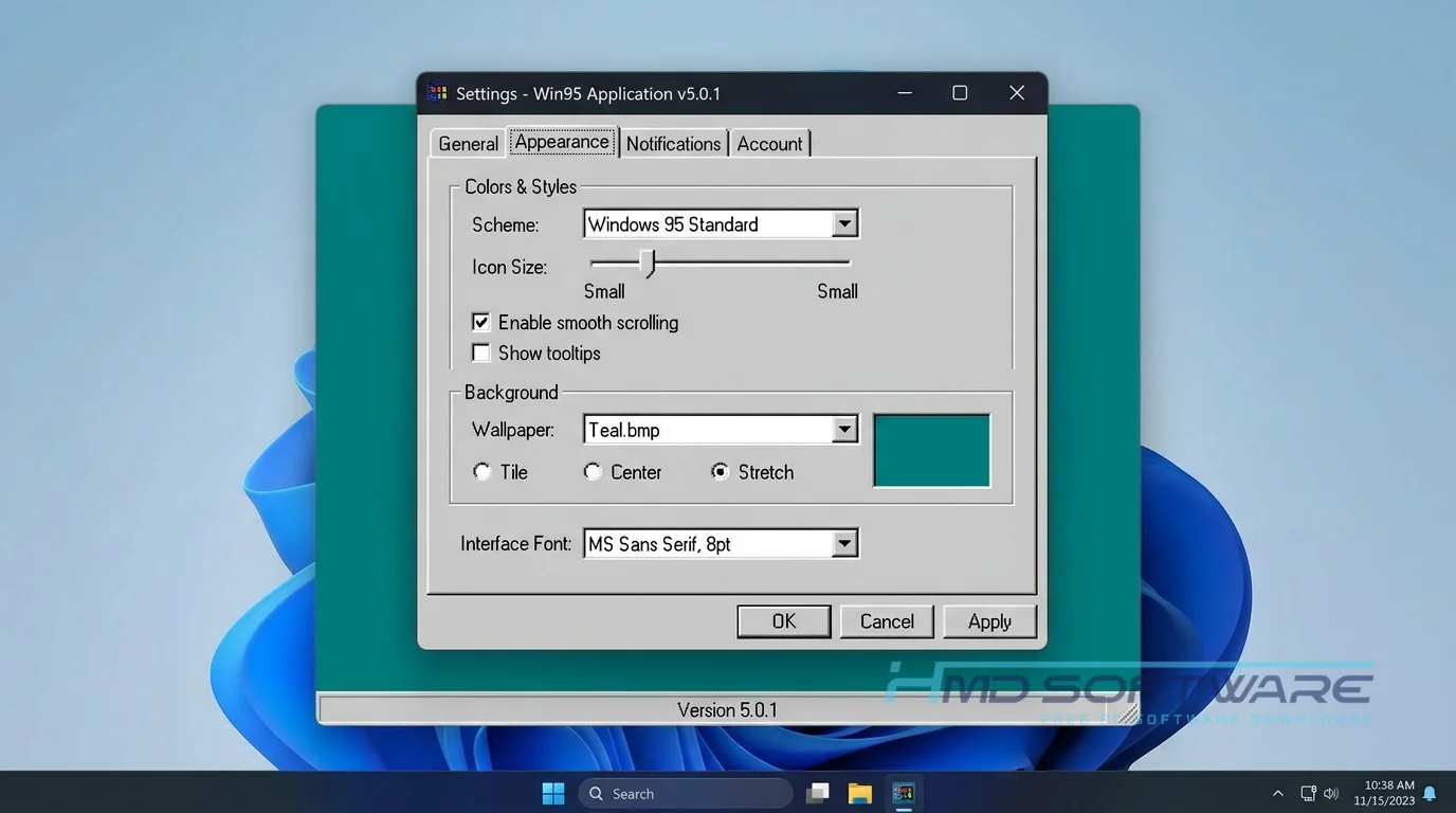 Windows 95 Electron App settings panel by HMD Software
