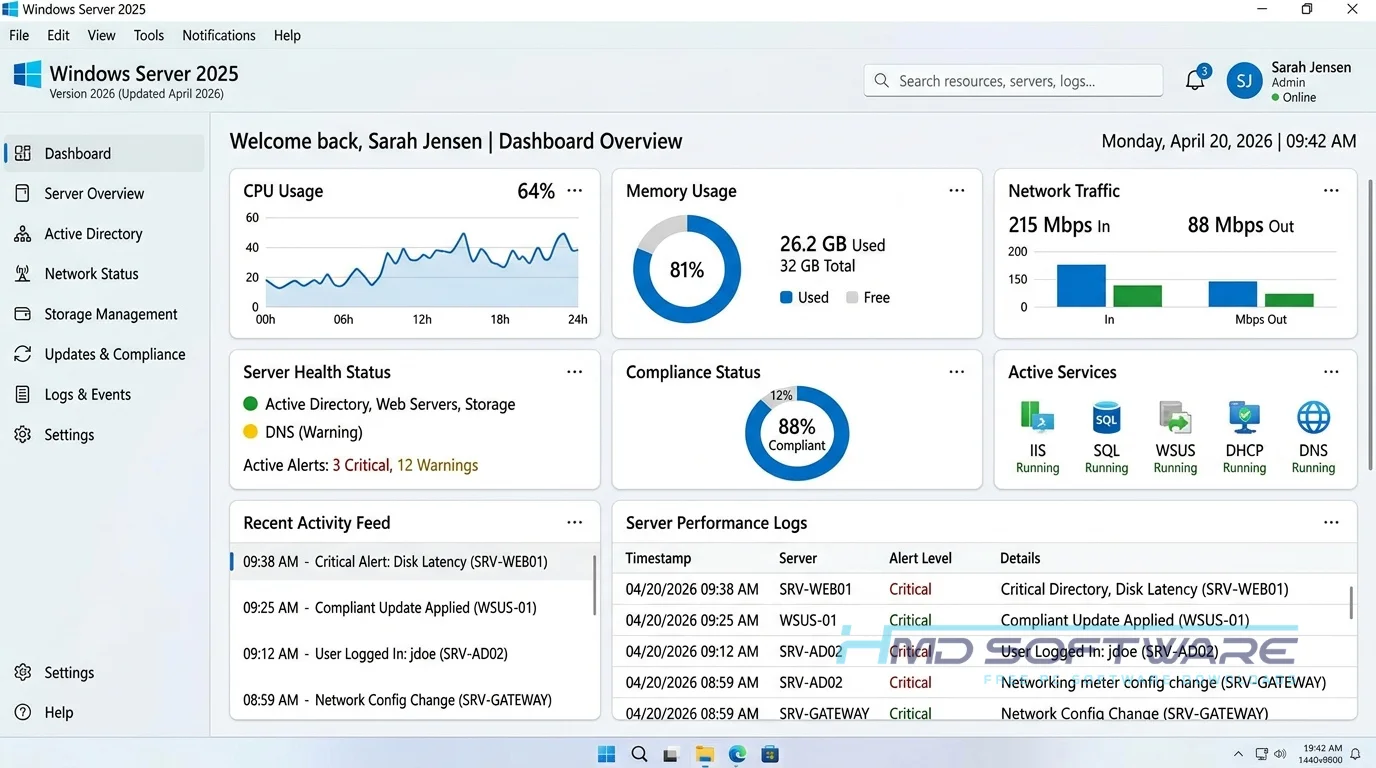 Windows Server 2025 updated april 2026 dashboard by HMD Software