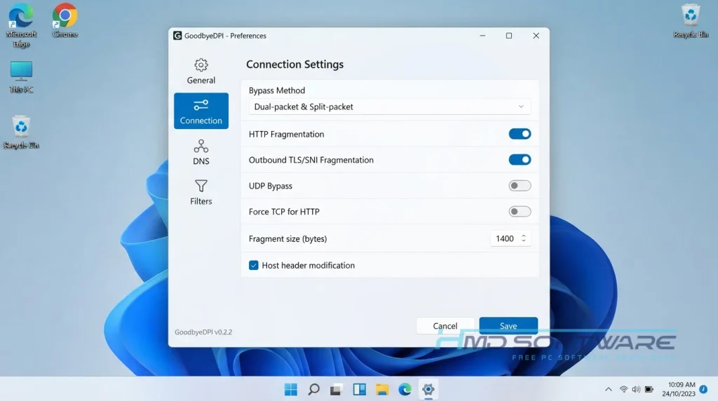 goodbyedpi Settings Connection tab by HMD Software